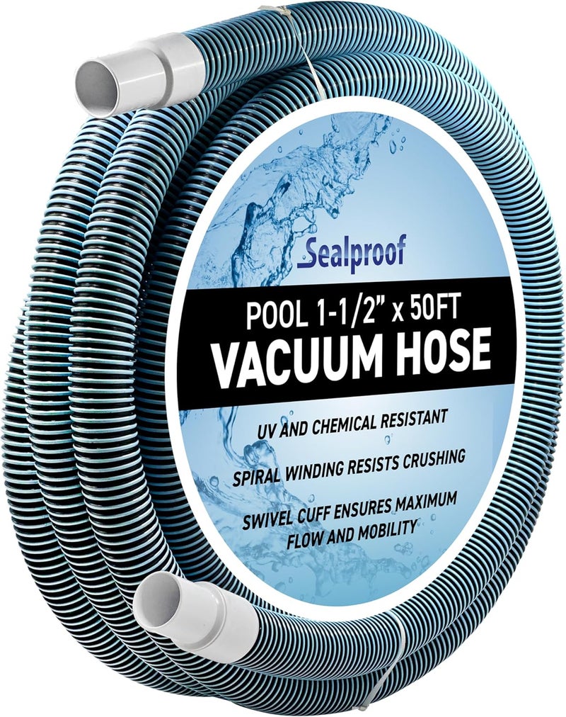 Sealproof Swimming Pool Vacuum Hose 1-1/2" x 50-Ft, Swivel Cuff Kinkproof Design, Made in USA, Connects to Vacuum Head, Skimmer, Filter Pump for Cleaning In Ground and Above Ground Pools - Image 1